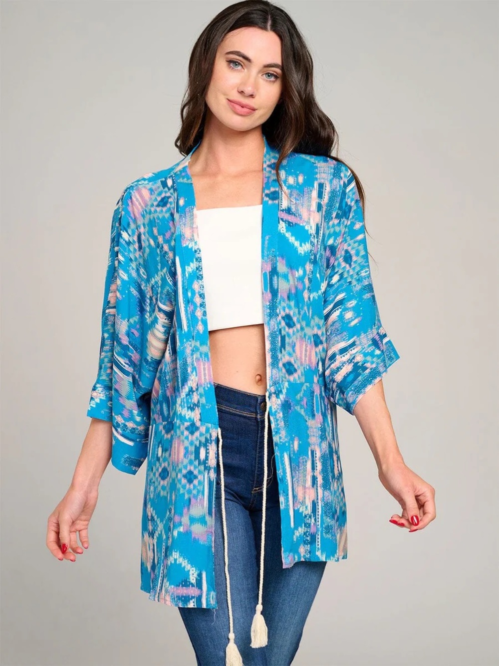Blue Floral Kimono | Summer Vacation Cover-Up Robe - Picture 3 of 5